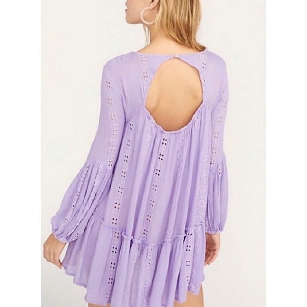 Free People Lavender Purple Embroidered Eyelet Lace Tunic Top Boho Size Small - Picture 2 of 10